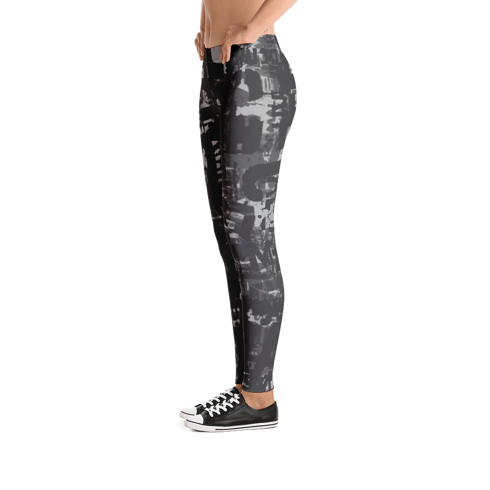 Charcoal Gray and Black Grunge Print Leggings by Grafik Girl